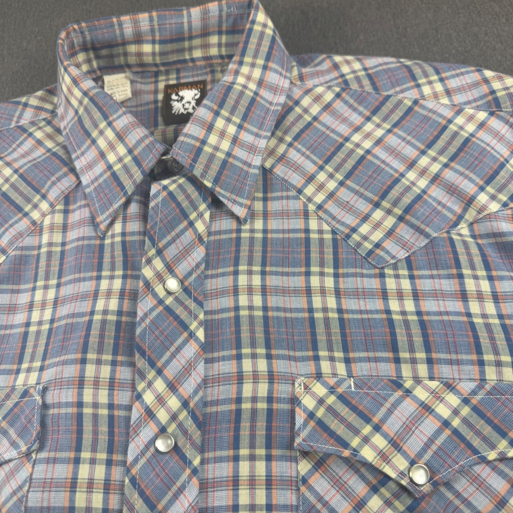 Vintage Karman Western Pearl Snap Shirt Mens 16.5 x 35 Blue Plaid Long Sleeve